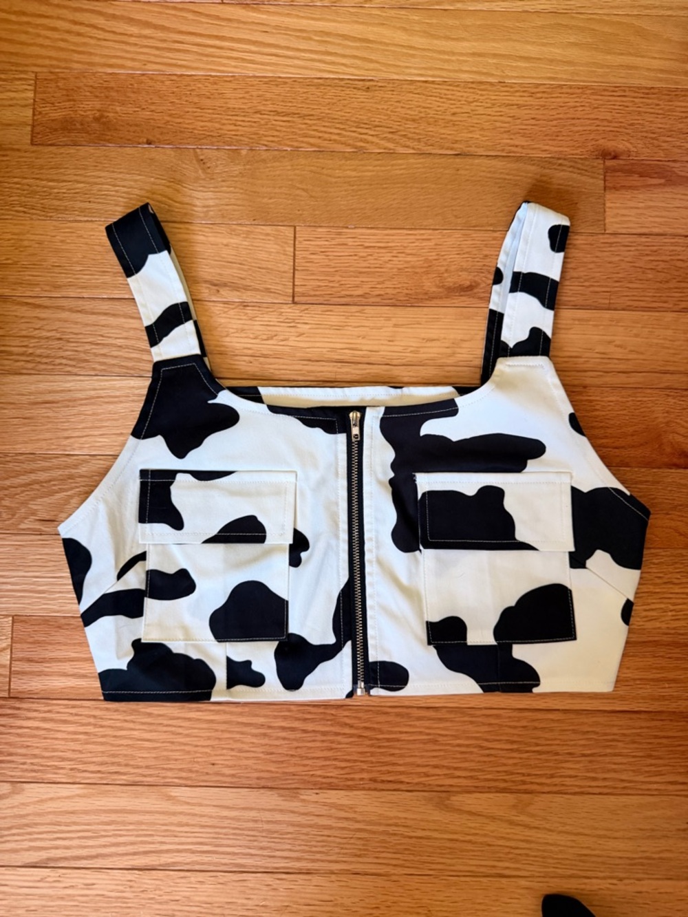 Cider Black & White Cow-Print Zip Crop Top